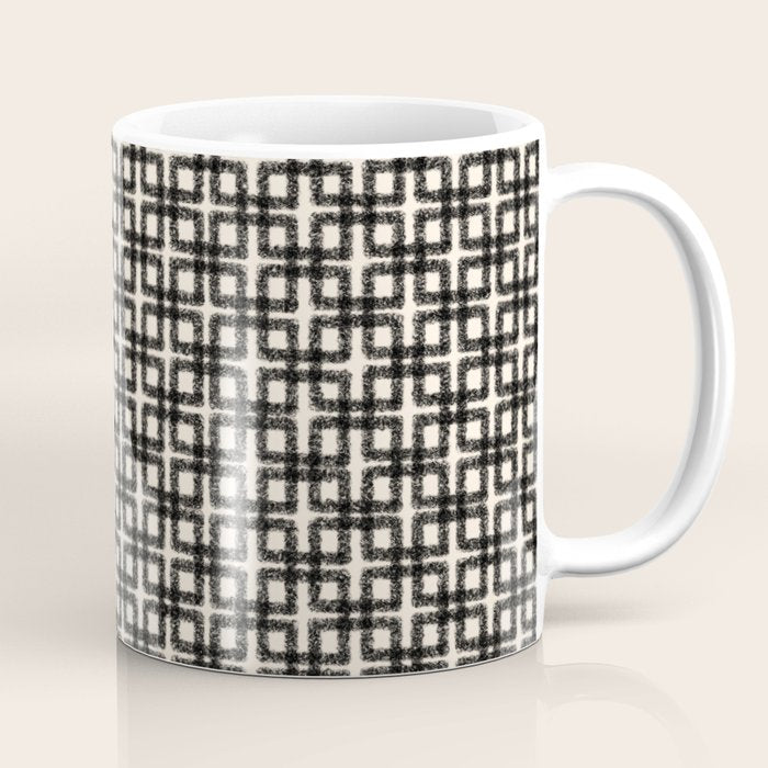Mid Century Modern Geometric Tile Block Crayon Pattern in Black and Almond Cream Coffee Mug Gallery Image 1