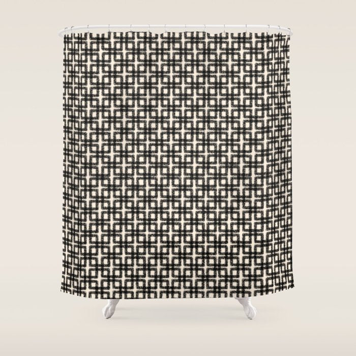 Mid Century Modern Geometric Tile Block Crayon Pattern in Black and Almond Cream Shower Curtain Gallery Image 1