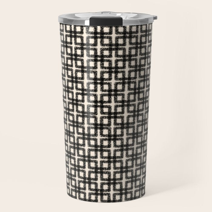 Mid Century Modern Geometric Tile Block Crayon Pattern in Black and Almond Cream Travel Mug Gallery Image 1