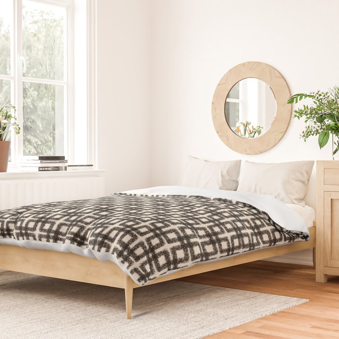 Mid Century Modern Geometric Tile Block Crayon Pattern in Black and Almond Cream Duvet Cover Gallery Image 2