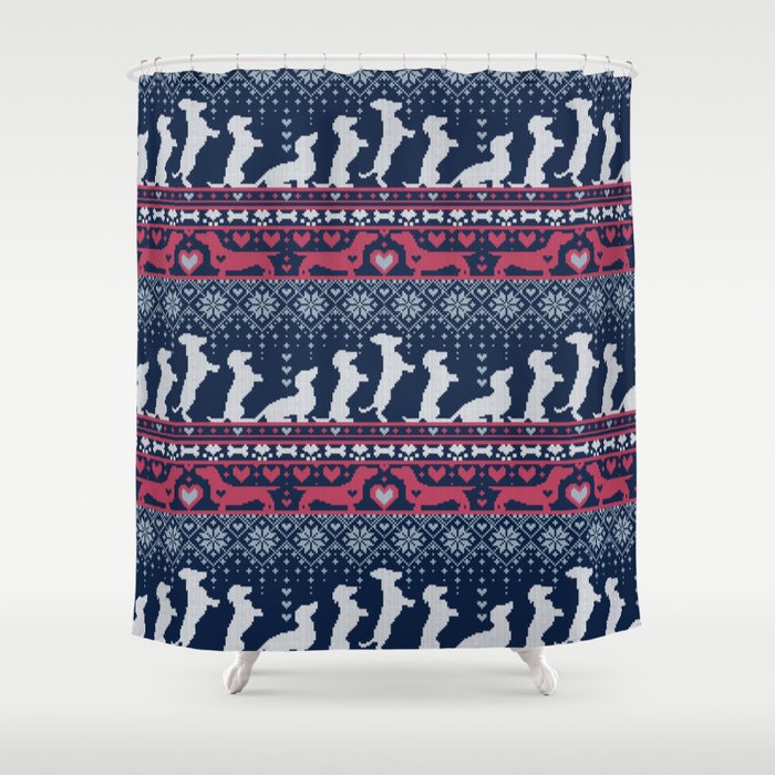 Fair Isle Knitting Doxie Love // navy blue background white and red dachshunds dogs bones paws and hearts Shower Curtain Gallery Image 1