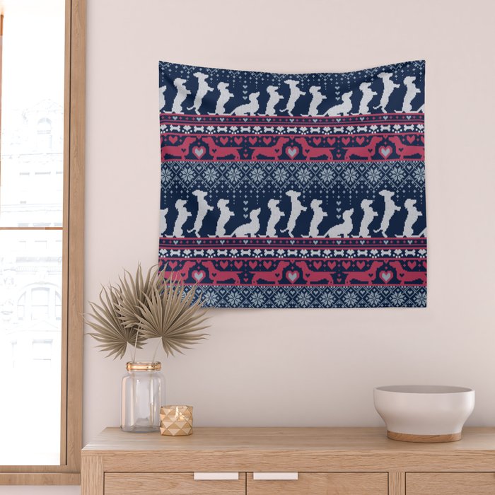 Fair Isle Knitting Doxie Love // navy blue background white and red dachshunds dogs bones paws and hearts Wall Tapestry Gallery Image 2