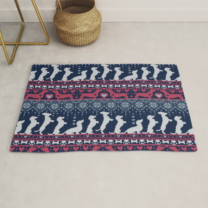 Fair Isle Knitting Doxie Love // navy blue background white and red dachshunds dogs bones paws and hearts Rug Gallery Image 1