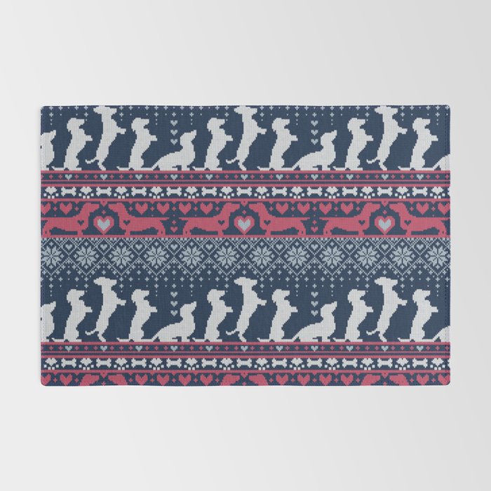 Fair Isle Knitting Doxie Love // navy blue background white and red dachshunds dogs bones paws and hearts Rug Gallery Image 2