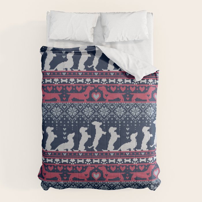 Fair Isle Knitting Doxie Love // navy blue background white and red dachshunds dogs bones paws and hearts Comforter Gallery Image 1