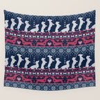 Fair Isle Knitting Doxie Love // navy blue background white and red dachshunds dogs bones paws and hearts Wall Tapestry Gallery Image 4