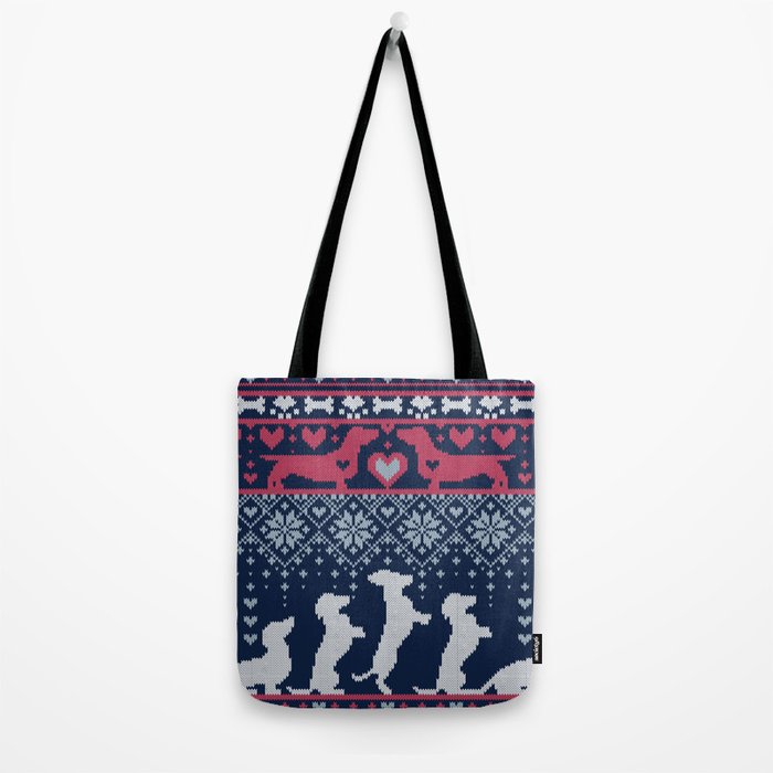 Fair Isle Knitting Doxie Love // navy blue background white and red dachshunds dogs bones paws and hearts Tote Bag Gallery Image 2