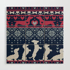 Fair Isle Knitting Doxie Love // navy blue background white and red dachshunds dogs bones paws and hearts Wood Wall Art Gallery Image 1