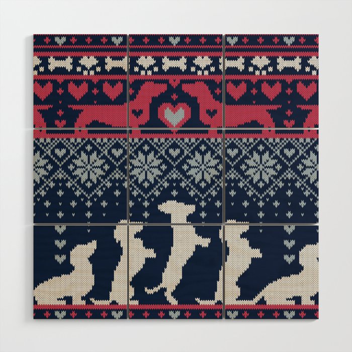 Fair Isle Knitting Doxie Love // navy blue background white and red dachshunds dogs bones paws and hearts Wood Wall Art Gallery Image 1