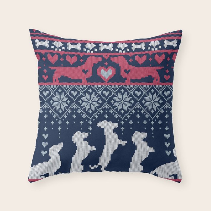 Fair Isle Knitting Doxie Love // navy blue background white and red dachshunds dogs bones paws and hearts Throw Pillow Gallery Image 1