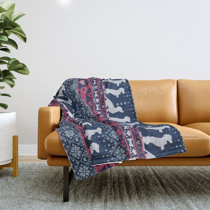 Fair Isle Knitting Doxie Love // navy blue background white and red dachshunds dogs bones paws and hearts Throw Blanket Gallery Image 1