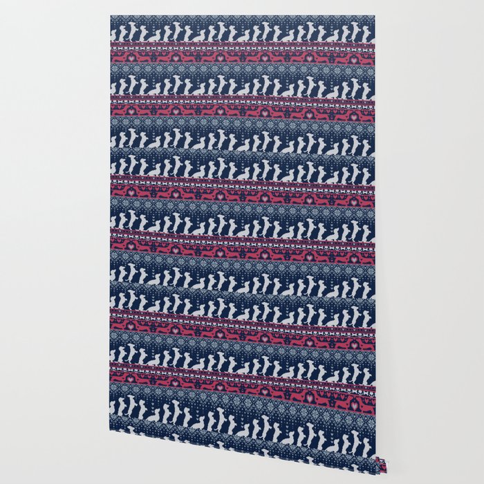 Fair Isle Knitting Doxie Love // navy blue background white and red dachshunds dogs bones paws and hearts Wallpaper Gallery Image 2