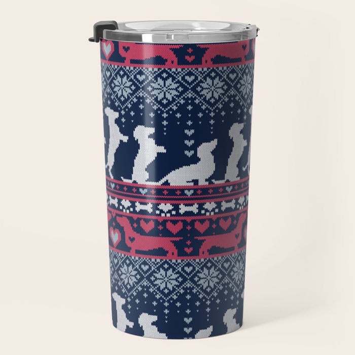 Fair Isle Knitting Doxie Love // navy blue background white and red dachshunds dogs bones paws and hearts Travel Mug Gallery Image 3