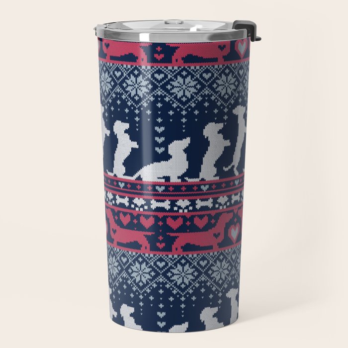 Fair Isle Knitting Doxie Love // navy blue background white and red dachshunds dogs bones paws and hearts Travel Mug Gallery Image 2