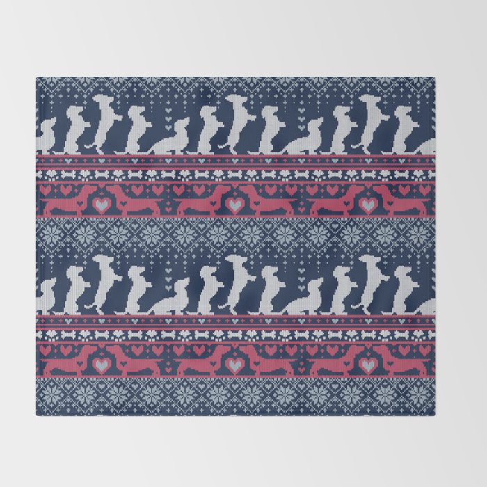 Fair Isle Knitting Doxie Love // navy blue background white and red dachshunds dogs bones paws and hearts Throw Blanket Gallery Image 2