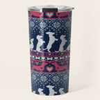 Fair Isle Knitting Doxie Love // navy blue background white and red dachshunds dogs bones paws and hearts Travel Mug Gallery Image 1