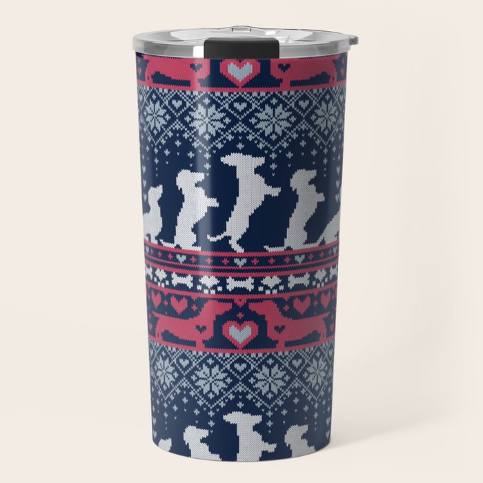 Fair Isle Knitting Doxie Love // navy blue background white and red dachshunds dogs bones paws and hearts Travel Mug Gallery Image 1