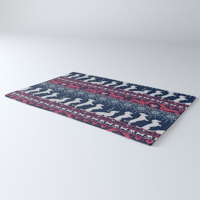 Fair Isle Knitting Doxie Love // navy blue background white and red dachshunds dogs bones paws and hearts Rug Gallery Image 3