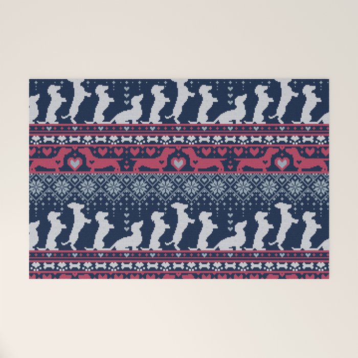 Fair Isle Knitting Doxie Love // navy blue background white and red dachshunds dogs bones paws and hearts Welcome Mat Gallery Image 1