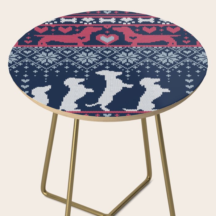 Fair Isle Knitting Doxie Love // navy blue background white and red dachshunds dogs bones paws and hearts Side Table Gallery Image 2