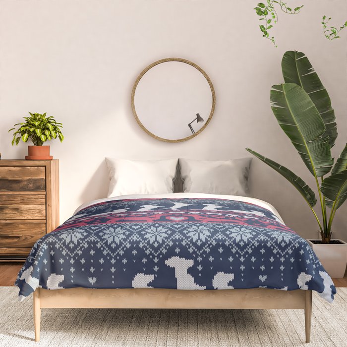 Fair Isle Knitting Doxie Love // navy blue background white and red dachshunds dogs bones paws and hearts Comforter Gallery Image 3