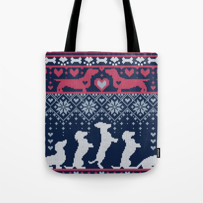 Fair Isle Knitting Doxie Love // navy blue background white and red dachshunds dogs bones paws and hearts Tote Bag Gallery Image 1