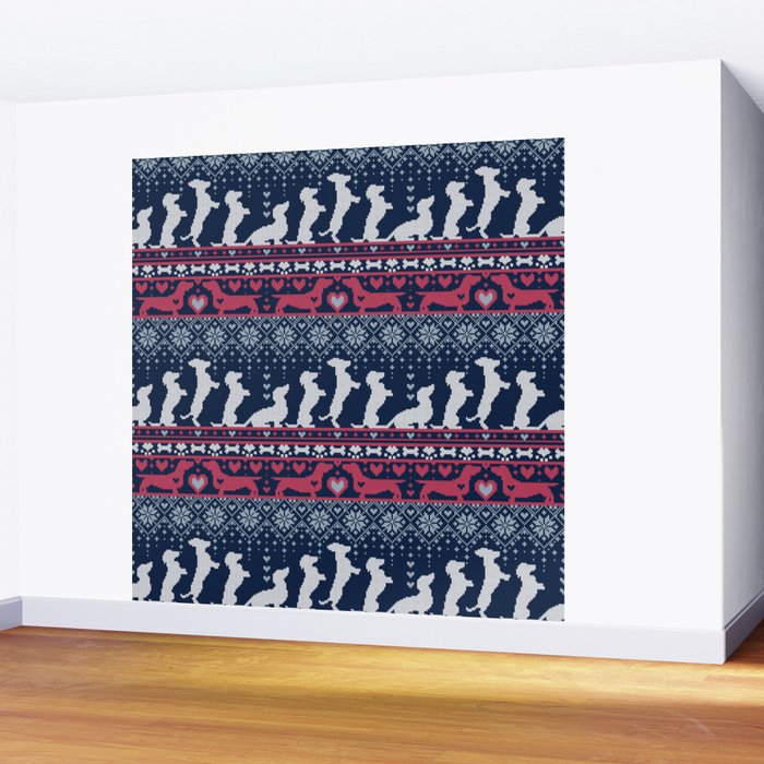 Fair Isle Knitting Doxie Love // navy blue background white and red dachshunds dogs bones paws and hearts Wall Mural Gallery Image 2