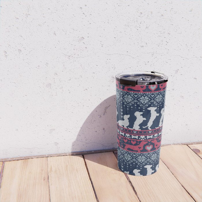Fair Isle Knitting Doxie Love // navy blue background white and red dachshunds dogs bones paws and hearts Travel Mug Gallery Image 4