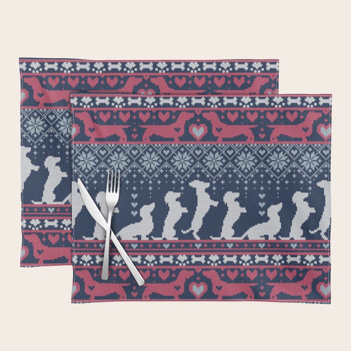 Fair Isle Knitting Doxie Love // navy blue background white and red dachshunds dogs bones paws and hearts Placemat Gallery Image 1