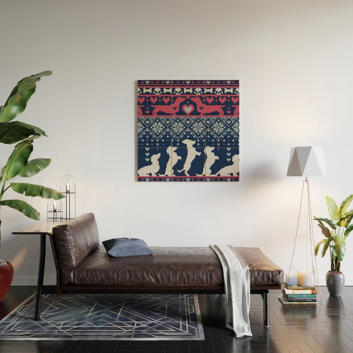 Fair Isle Knitting Doxie Love // navy blue background white and red dachshunds dogs bones paws and hearts Wood Wall Art Gallery Image 2