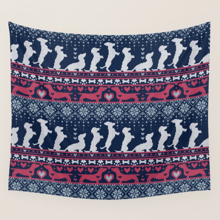 Fair Isle Knitting Doxie Love // navy blue background white and red dachshunds dogs bones paws and hearts Wall Tapestry Gallery Image 1
