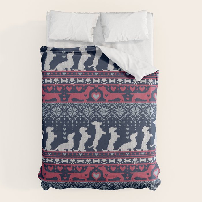 Fair Isle Knitting Doxie Love // navy blue background white and red dachshunds dogs bones paws and hearts Duvet Cover Gallery Image 6