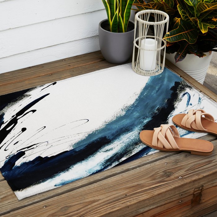Reykjavik: a pretty and minimal mixed media piece in black, white, and blue Outdoor Rug Gallery Image 2