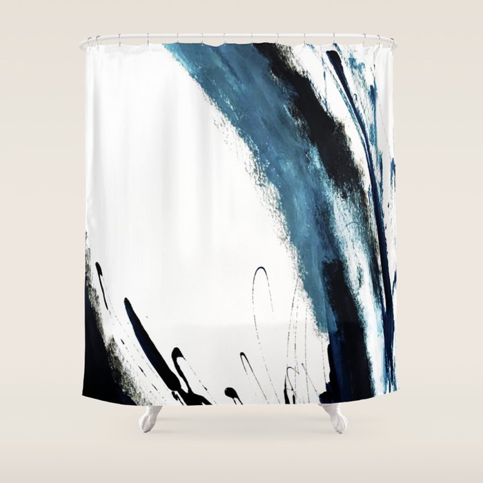 Reykjavik: a pretty and minimal mixed media piece in black, white, and blue Shower Curtain Gallery Image 1