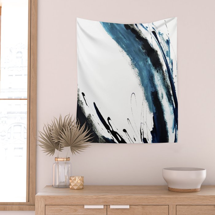 Reykjavik: a pretty and minimal mixed media piece in black, white, and blue Wall Tapestry Gallery Image 2