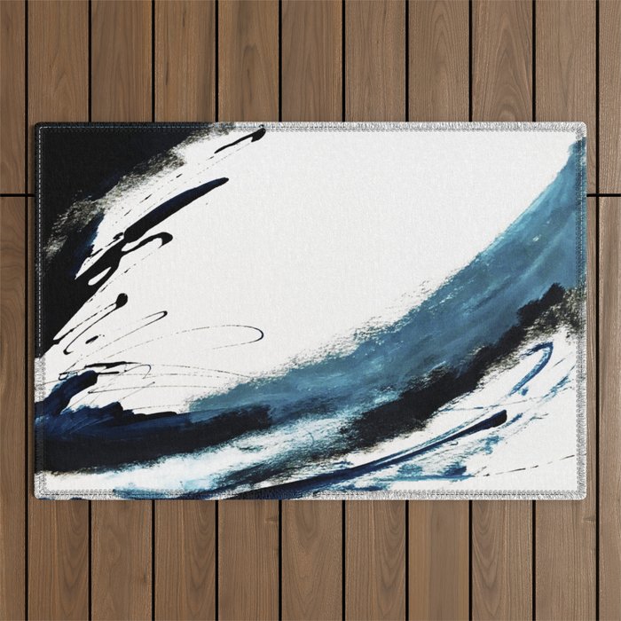 Reykjavik: a pretty and minimal mixed media piece in black, white, and blue Outdoor Rug Gallery Image 1