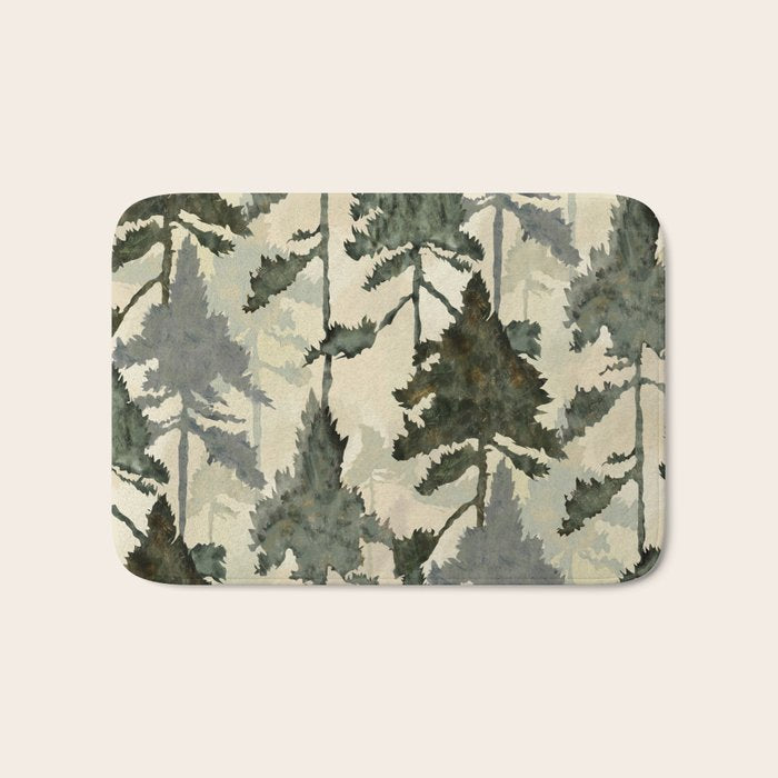 Enchanted Watercolor Pine Forest Bath Mat Gallery Image 1