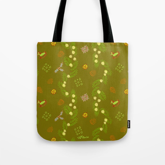 Whimsical Tiny Toys & Pine Branches in Green Tote Bag Gallery Image 1