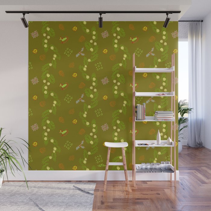 Whimsical Tiny Toys & Pine Branches in Green Wall Mural Gallery Image 1