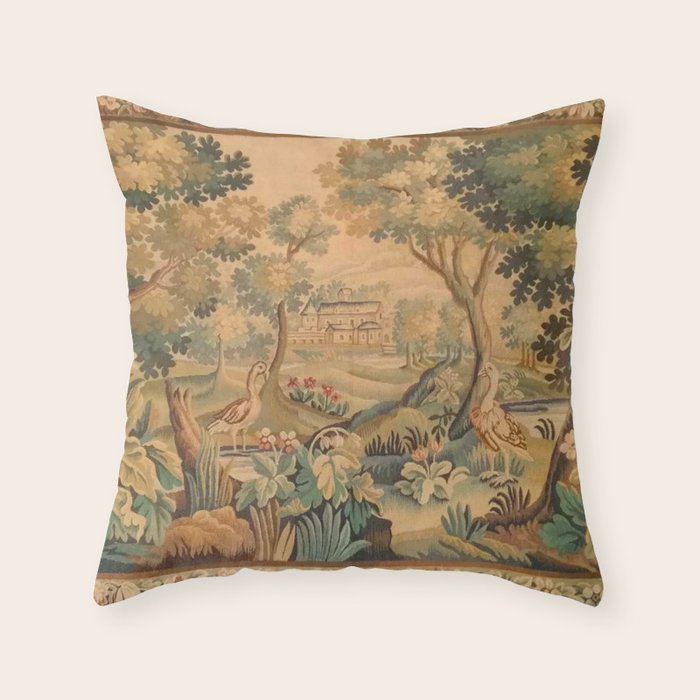 Antique Aubusson Tapestry Romantic 18th Century Manor House Throw Pillow Gallery Image 6