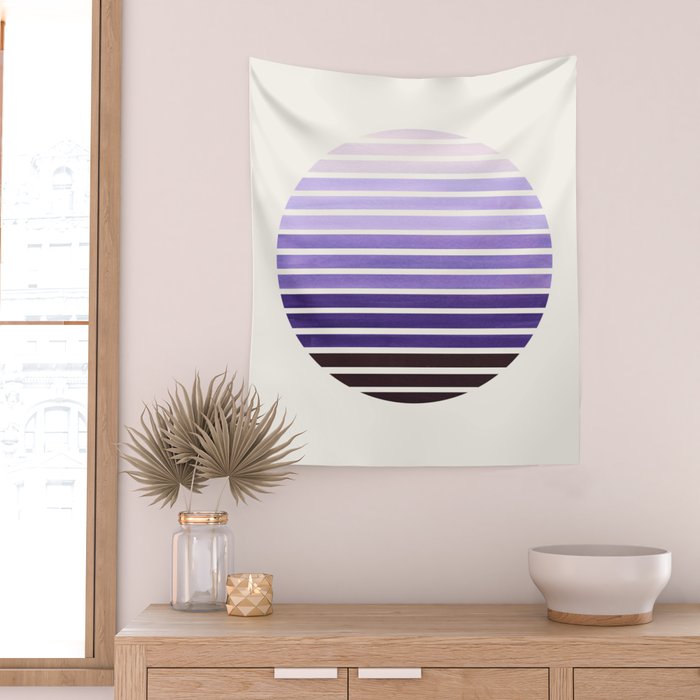 Purple Mid Century Modern Minimalist Scandinavian Colorful Stripes Geometric Pattern Round Circle Fr Wall Tapestry Gallery Image 2