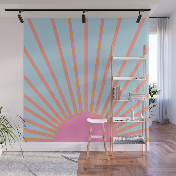 Le Soleil | 02 - Abstract Retro Sun Pink And Blue Print Preppy Modern Sunshine Wall Mural Gallery Image 1