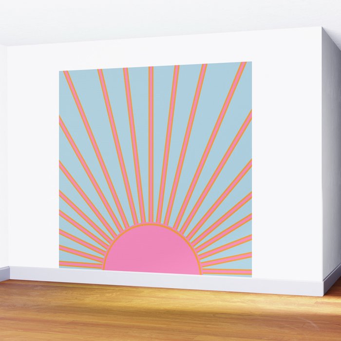 Le Soleil | 02 - Abstract Retro Sun Pink And Blue Print Preppy Modern Sunshine Wall Mural Gallery Image 2