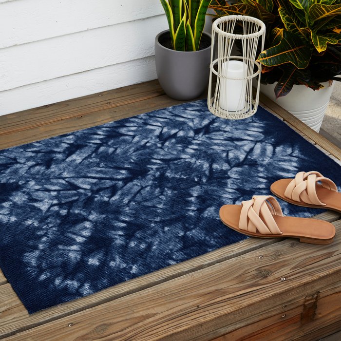 Indigo Blue Shibori Tie Dye, Boho Art Outdoor Rug Gallery Image 2