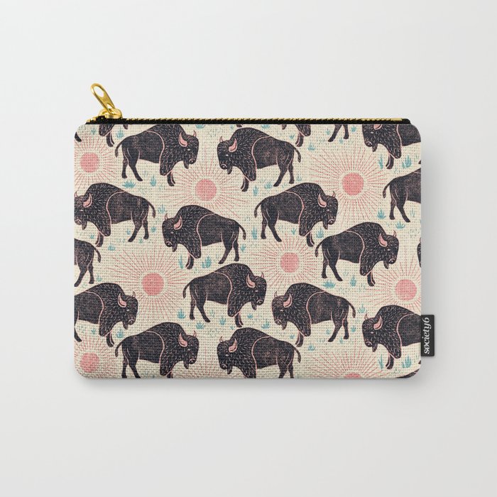 Bison - black, pink, teal, on cream Carry All Pouch Gallery Image 1