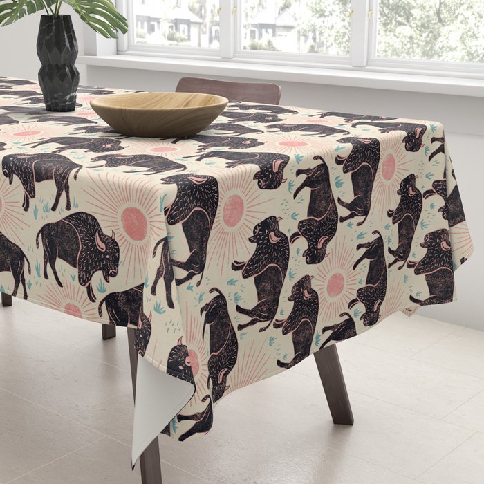 Bison - black, pink, teal, on cream Tablecloth Gallery Image 3