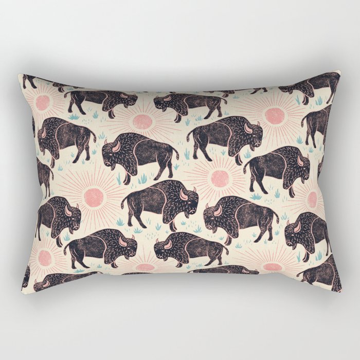 Bison - black, pink, teal, on cream Rectangular Pillow Gallery Image 1