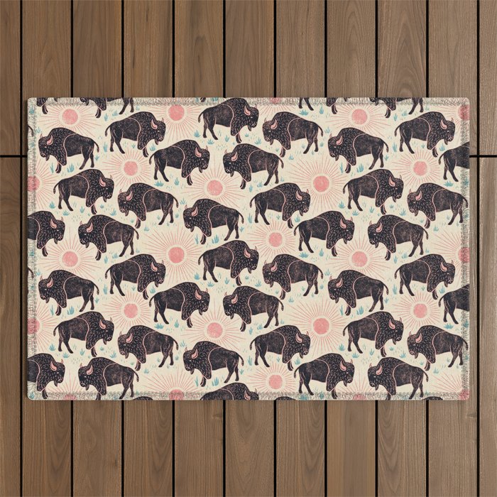 Bison - black, pink, teal, on cream Outdoor Rug Gallery Image 1