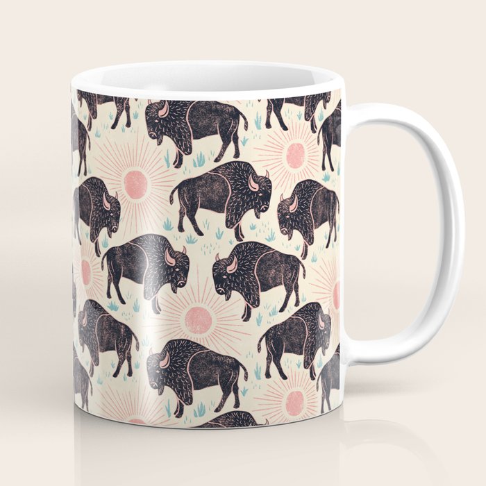 Bison - black, pink, teal, on cream Coffee Mug Gallery Image 1