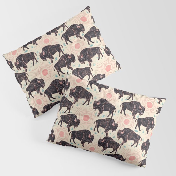 Bison - black, pink, teal, on cream Pillow Sham Gallery Image 3